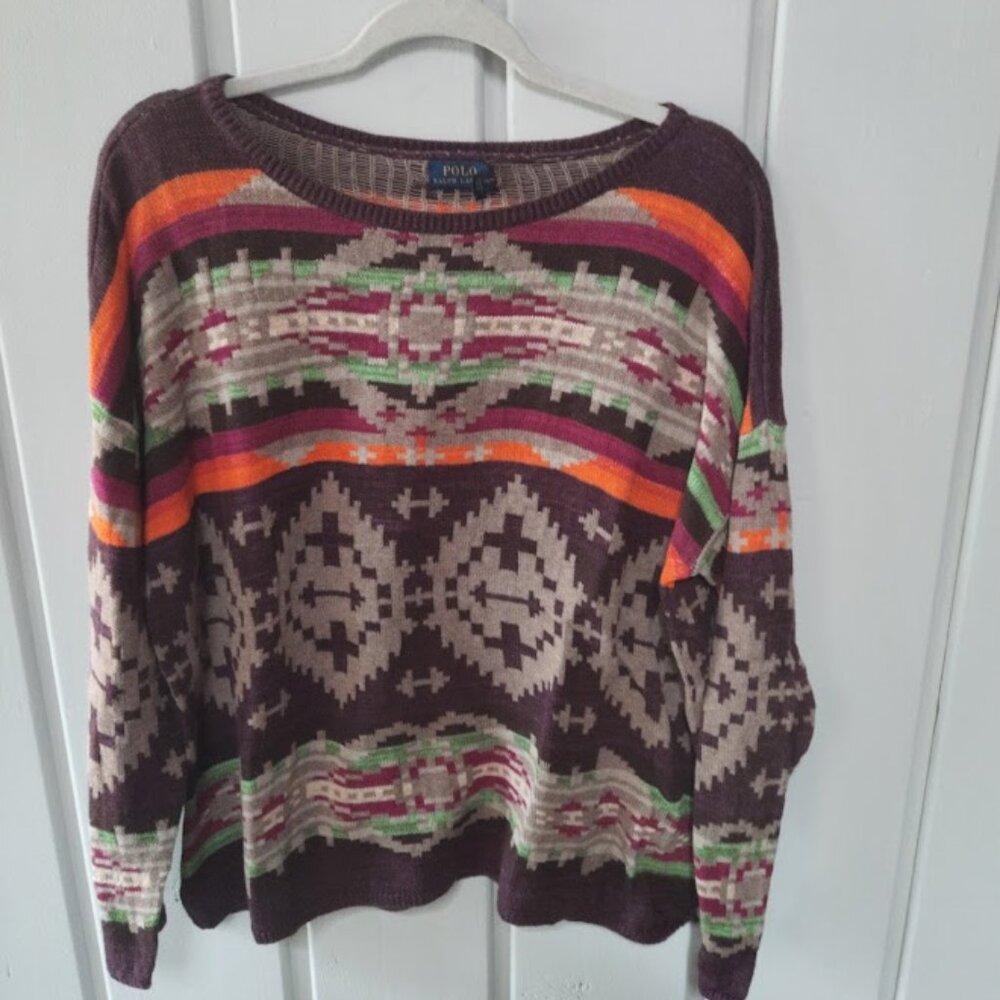 Polo Ralph Lauren Women's Cotton Aztec Print Boat Neck Sweater NWT Sz L